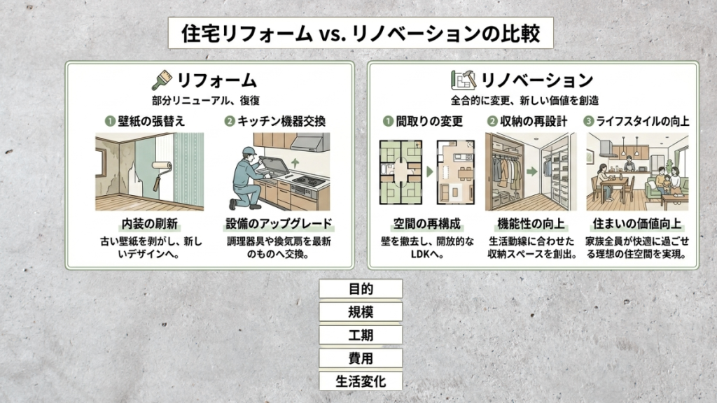 リフォームとリノベーションの違いの比較図